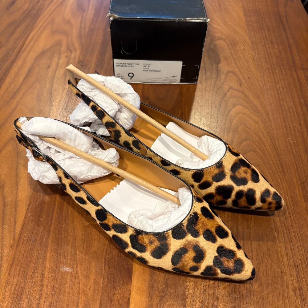 NWT Size 9 J Crew  Leopard Calf Hair Pointy Toe Slingbacks Flats